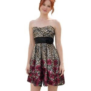 Vtg Y2K Strapless Party Dress Junior's 7 Leopard Rose Floral Print Black Pink